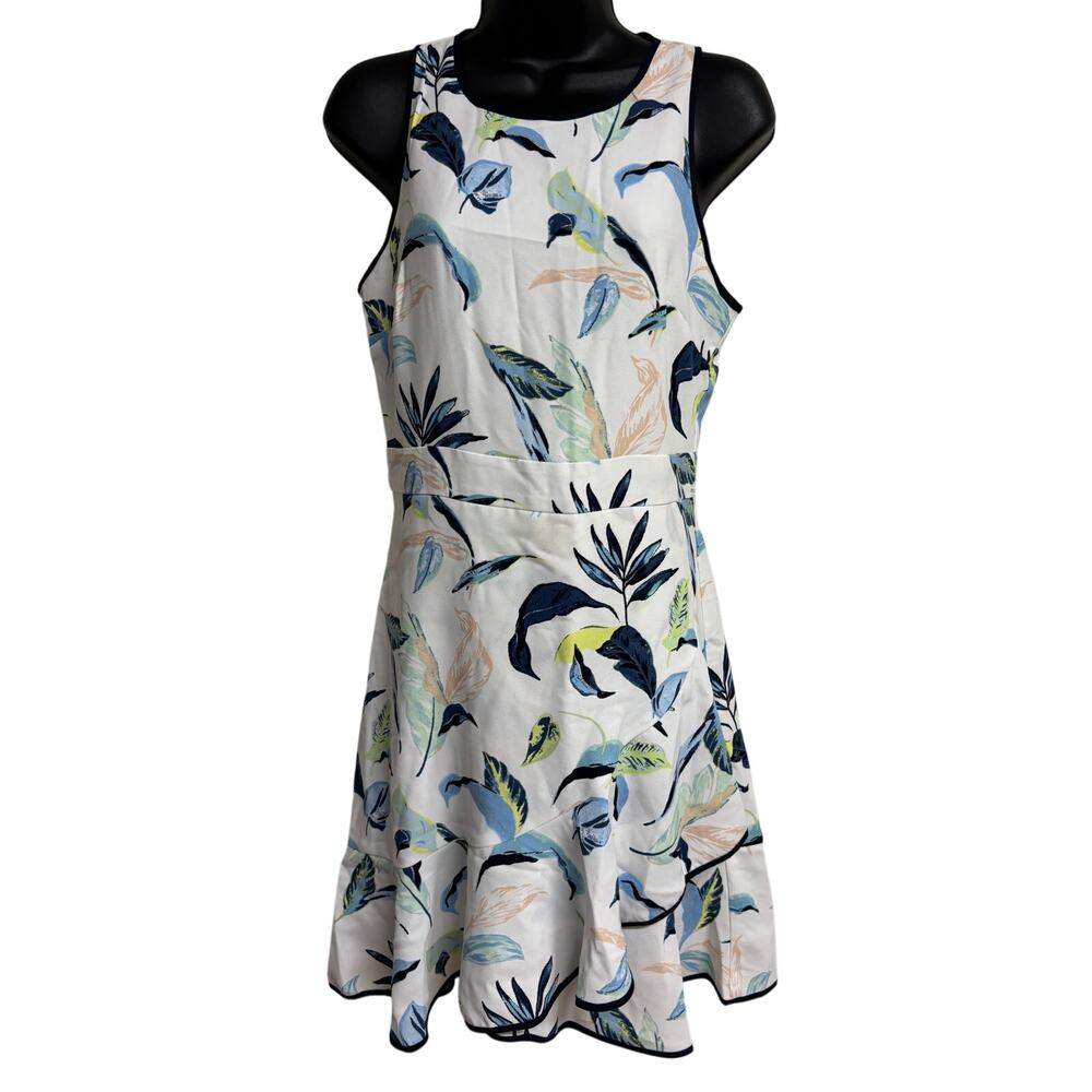 Banana Republic Women Fit Flare Dress 4 White Blue Floral Sleeveless Zipper New